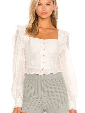 Free People Ivory Ruffle Button-Front Peasant Blouse